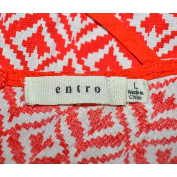 Entro Red & White Summer Mini Dress Size L Geo Pattern Rayon Adjustable Spaghett - Picture 9 of 11